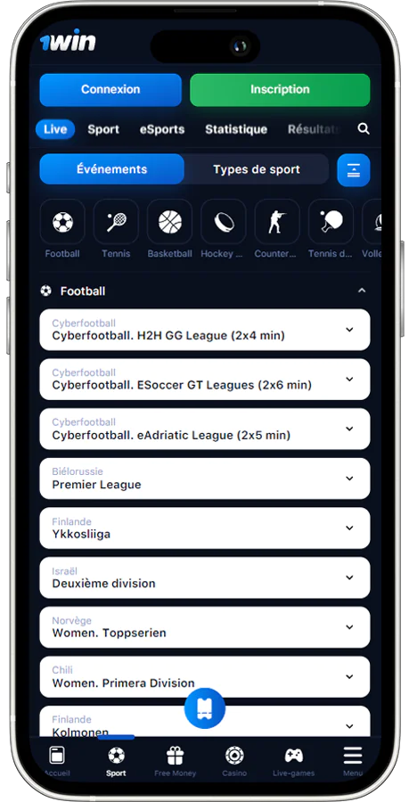 Capture d'écran de la section sports de l'application mobile 1win