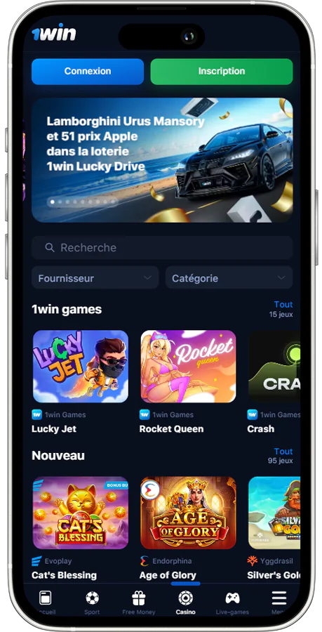 Capture d'écran du casino dans l'application mobile 1win