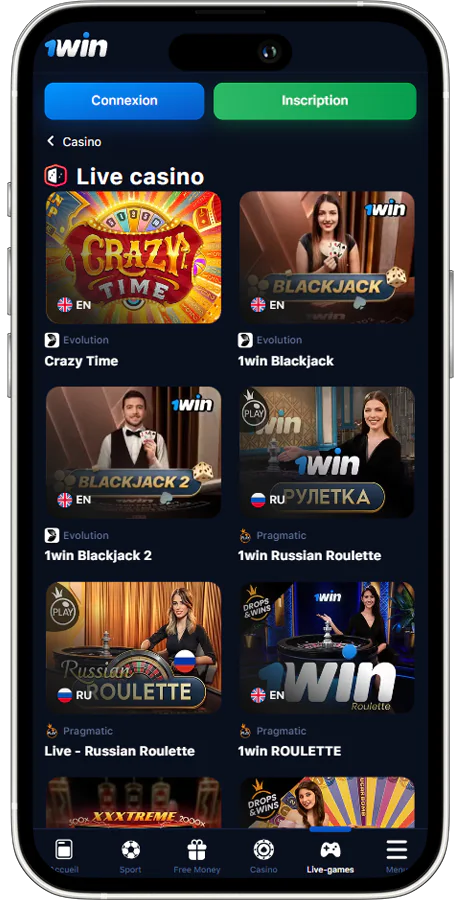 Capture d'écran d'un casino live dans l'application mobile 1win