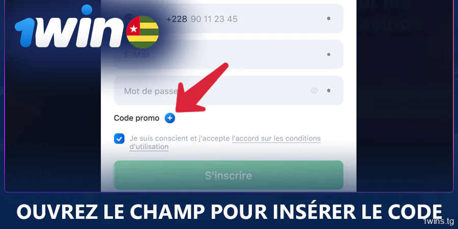 Ouvrez le champ du code promotionnel dans le formulaire d'inscription à 1Win