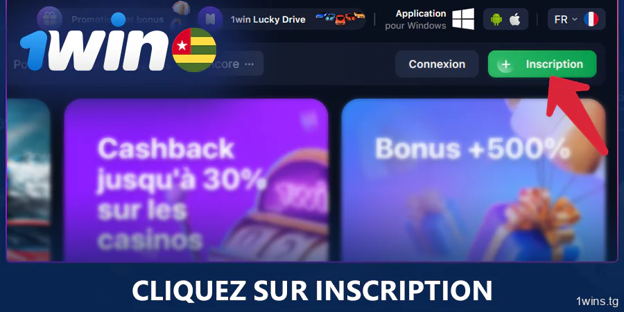 Cliquez sur le bouton "S'inscrire" sur 1Win