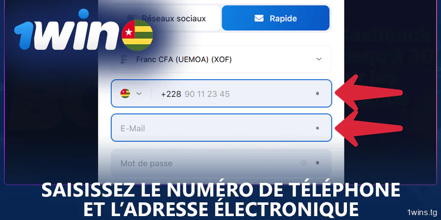 Saisissez votre numéro de téléphone et votre adresse électronique lors de l'enregistrement sur 1Win