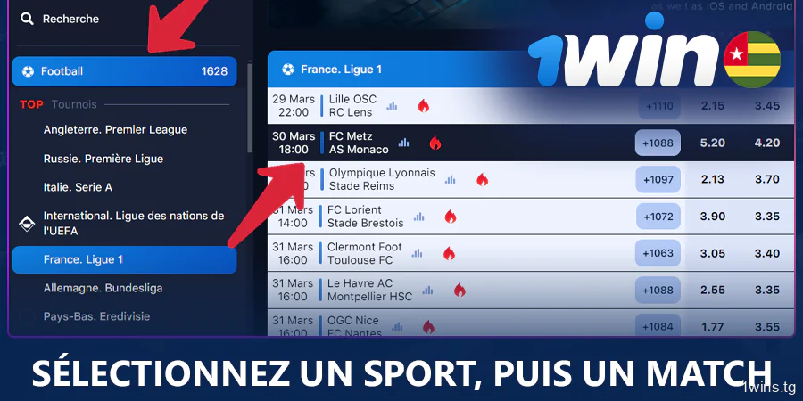 Sélectionnez un sport et un match sur 1Win