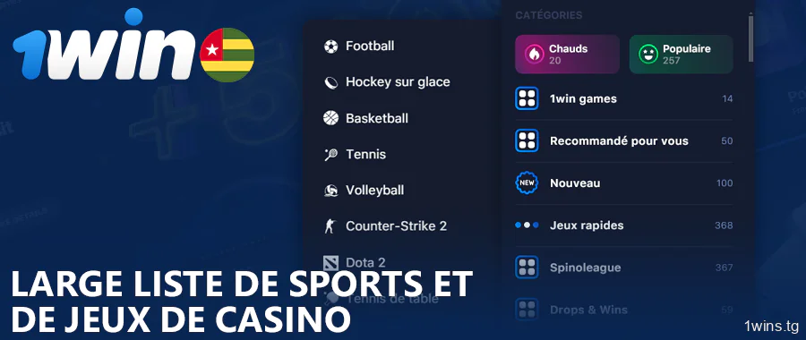 Large sélection de jeux de sport et de casino sur 1Win