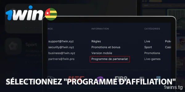 Sélectionnez Programme d'affiliation au bas de la page 1win