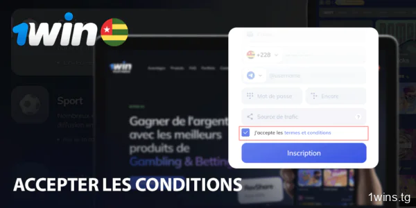 Сliquez sur la coche pour accepter les conditions de coopération sur le site 1win au Togo