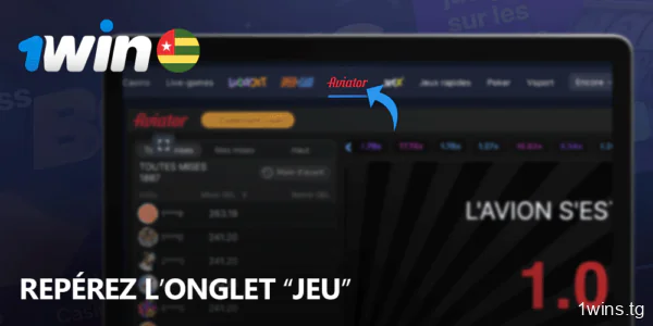 En haut de l'écran 1win, cliquer sur l'onglet "jeu