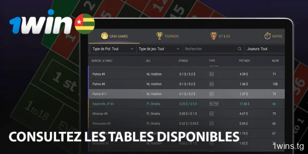 Consultez les tables disponibles sur 1win