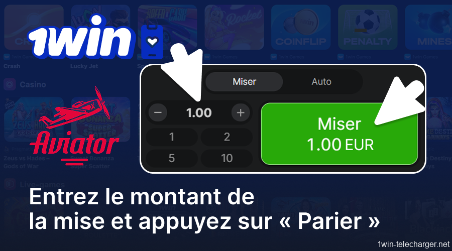 Entrez le montant que vous souhaitez miser, puis appuyez sur « Parier » pour placer votre pari sur le jeu Aviator via l'application 1win