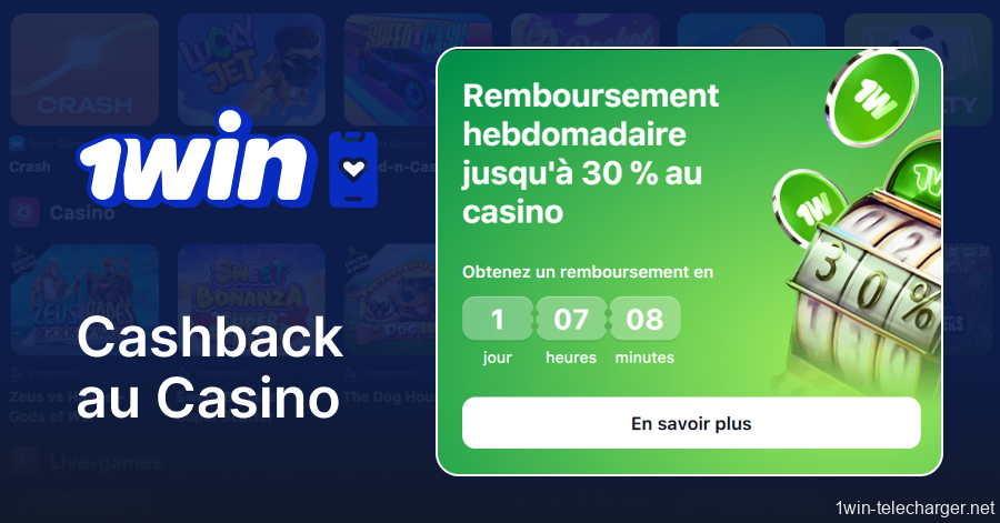 30 % de Cashback sur l'application 1win Casino