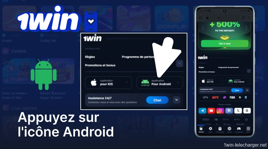 Appuyez sur l'icône « Pour Android » pour commencer à télécharger l'application 1win
