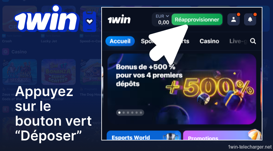 Appuyez sur le bouton vert « Dépôt » sur l'application 1win