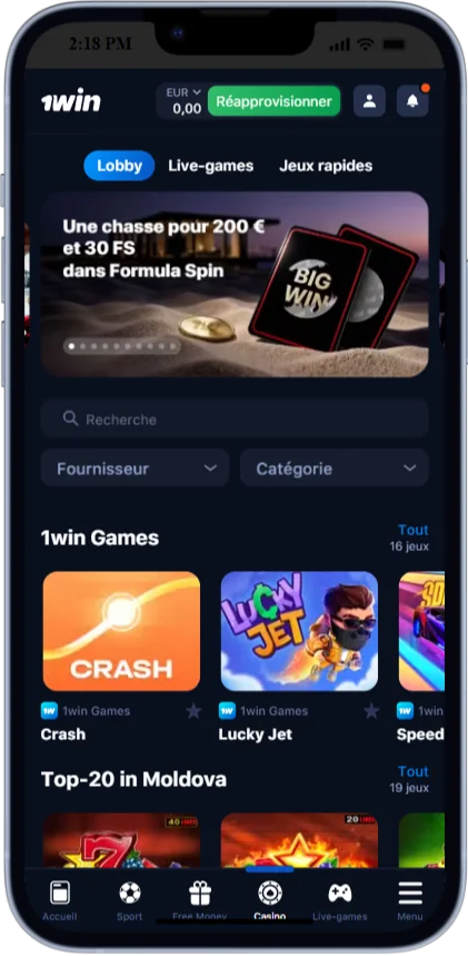 Ceci est une capture d'écran de la page du casino sur l'application 1win