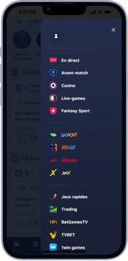 Capture d'écran du menu de l'application 1win