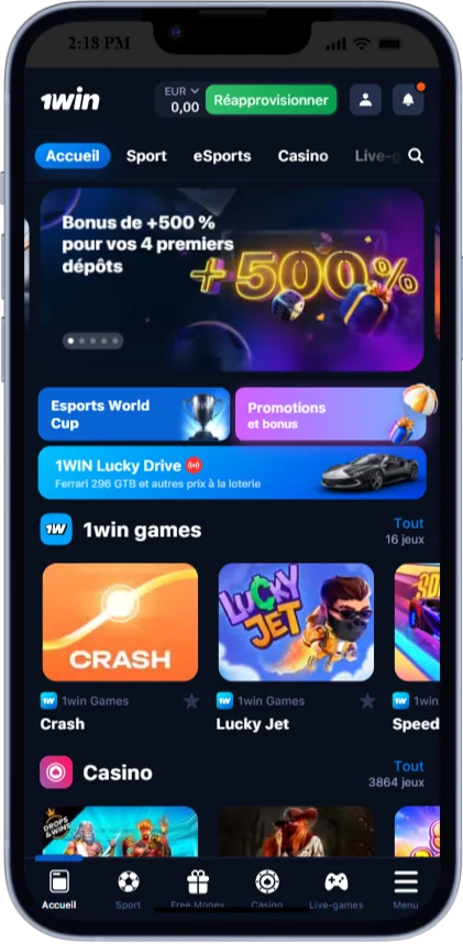 Capture d'écran de la page principale de l'application 1win